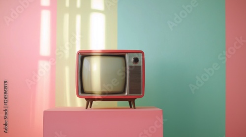 Vintage television set on empty pastel pink and blue pedestal, representing nostalgic charm of retro TV shows. Perfect for projects related to digital advertising, streaming media or brand identity.