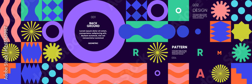 A bold abstract pattern with geometric shapes and vivid colors in a minimalist style. A modern vector background perfect for posters, flyers, banners, and festival themes. 