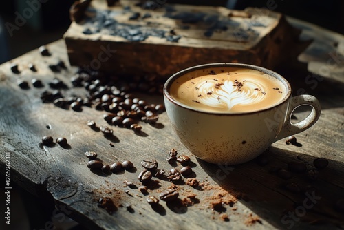 Xícara de cappuccino com latte art detalhada, cercada por grãos de café torrados em uma mesa de madeira rústica, criada com IA generativa para um ambiente acolhedor e artesanal