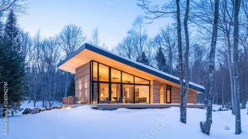 Modern cabin with angled roof sits nestled in snowy forest