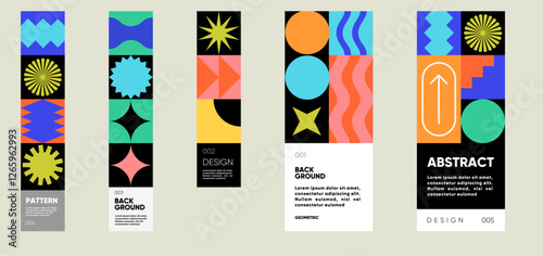 A modern geometric pattern set with abstract shapes, vibrant colors, and bold compositions. Perfect for trendy backgrounds, banners, and branding visuals.