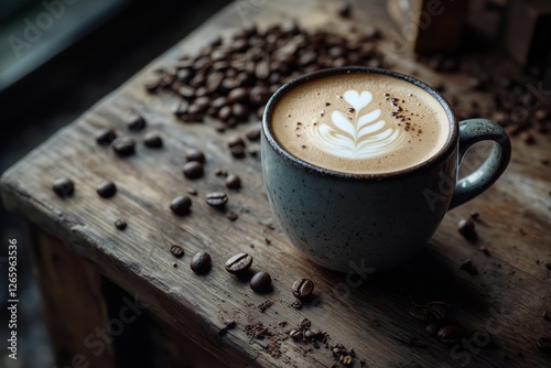 Xícara de cappuccino com latte art detalhada, cercada por grãos de café torrados em uma mesa de madeira rústica, criada com IA generativa para um ambiente acolhedor e artesanal
