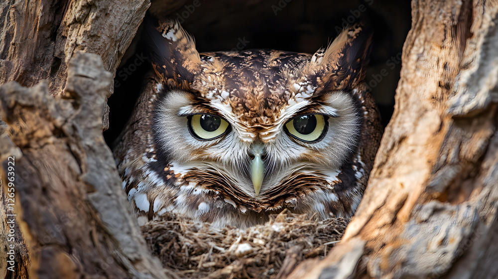 Meticulous Nesting: An Owl's Artful Preparation Inside its Tree Home Meticulous Nesting: An Owl's Artful Preparation Inside its Tree Home