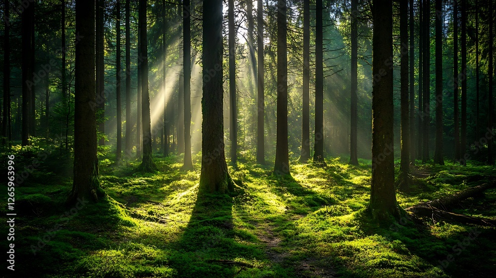 Fototapeta premium Sunbeams Illuminate Mossy Forest Floor