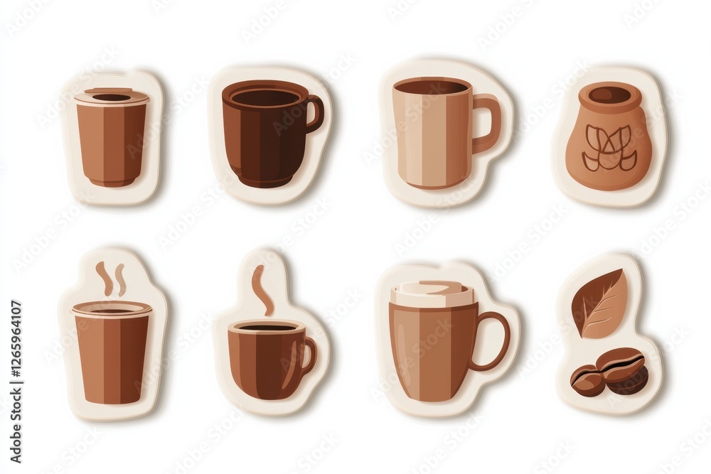 Obraz premium style stickers showcasing various coffee cups and beans in warm brown hues create an inviting coffee theme for design projects. Generative AI