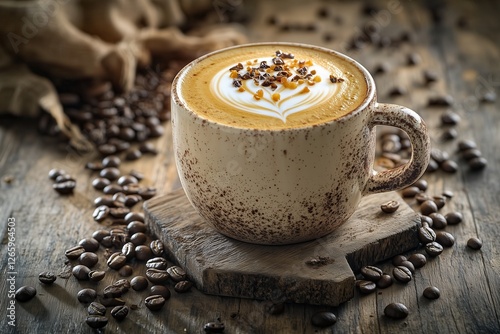 Xícara de cappuccino com latte art detalhada, cercada por grãos de café torrados em uma mesa de madeira rústica, criada com IA generativa para um ambiente acolhedor e artesanal