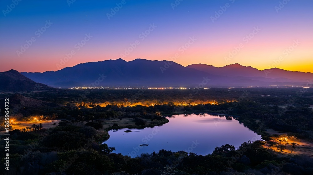 Fototapeta premium Tranquil Lake At Dusk With Mountain Silhouette And City Lights