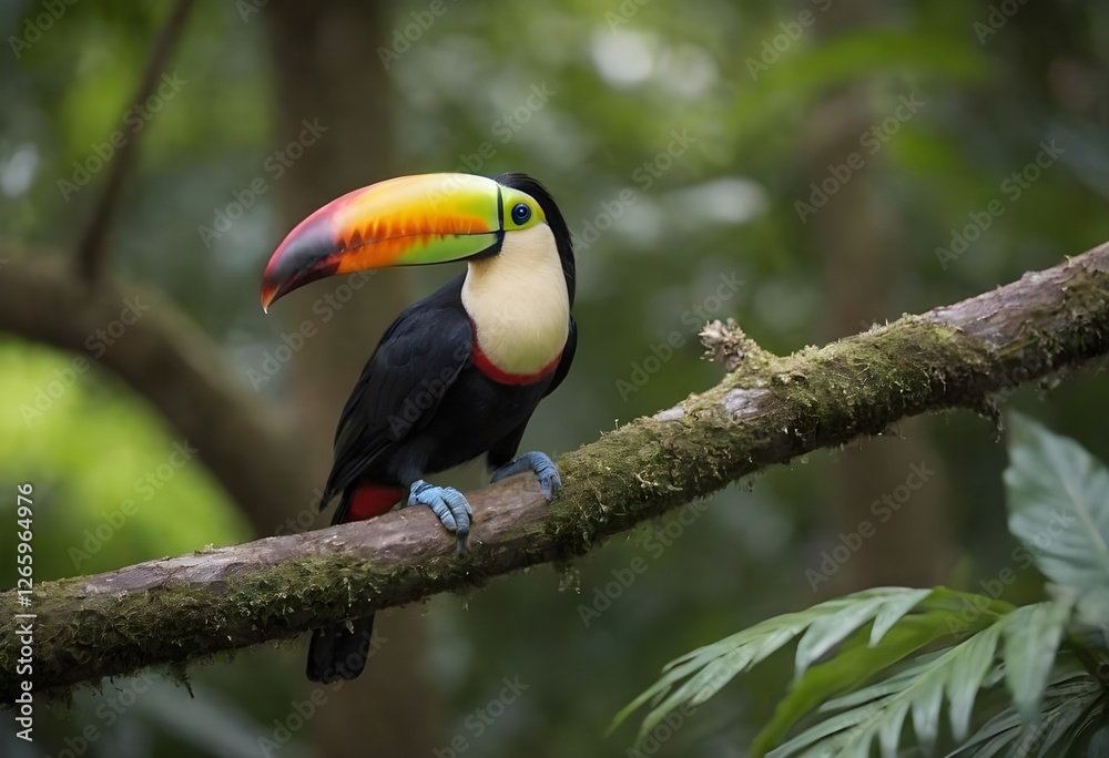 Naklejka premium Vibrant Toucan Perched Amidst Tropical Leaves