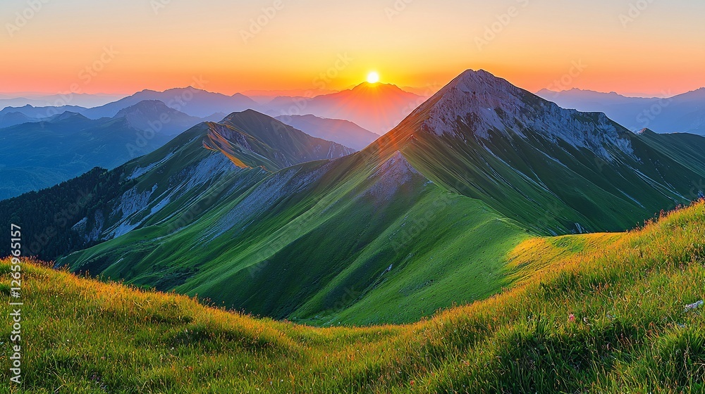 Obraz premium Sunrise over green mountain range, scenic view