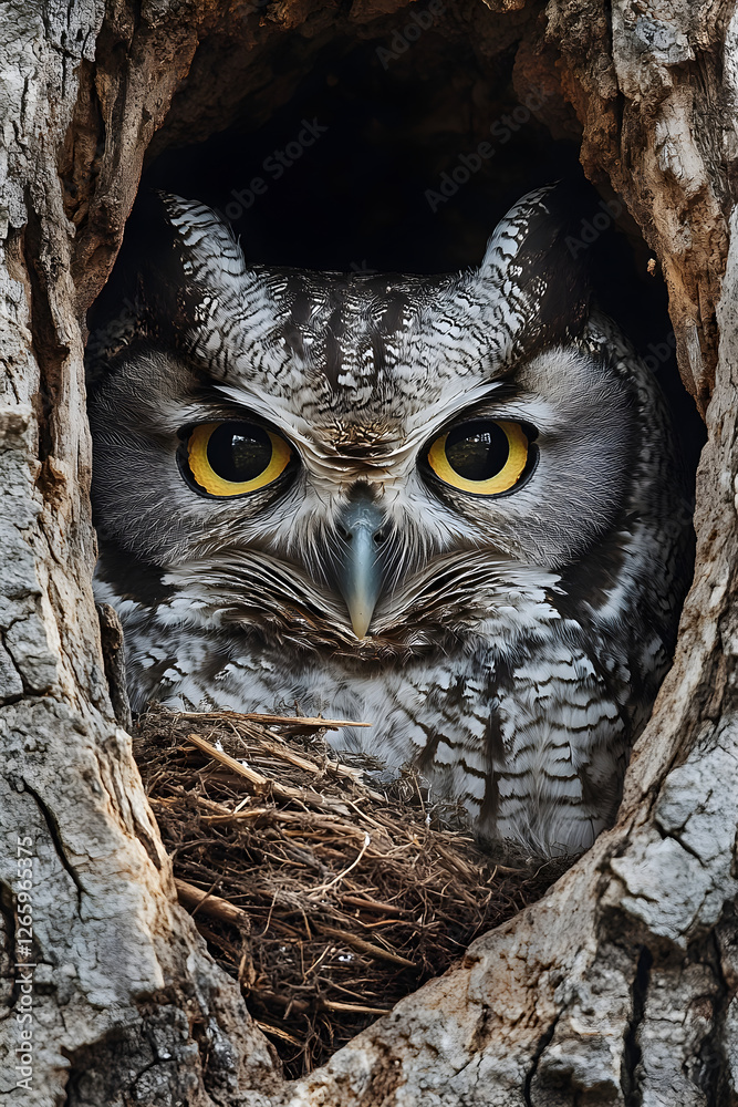 Meticulous Nesting: An Owl's Artful Preparation Inside its Tree Home Meticulous Nesting: An Owl's Artful Preparation Inside its Tree Home