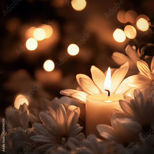 ighttime candle setting with fresh white blossoms photo