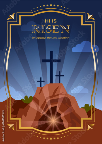 Easter poster, template for holiday decoration for Christian community. Christian cross of Calvary in vintage golden frame and text. Vector illustration
