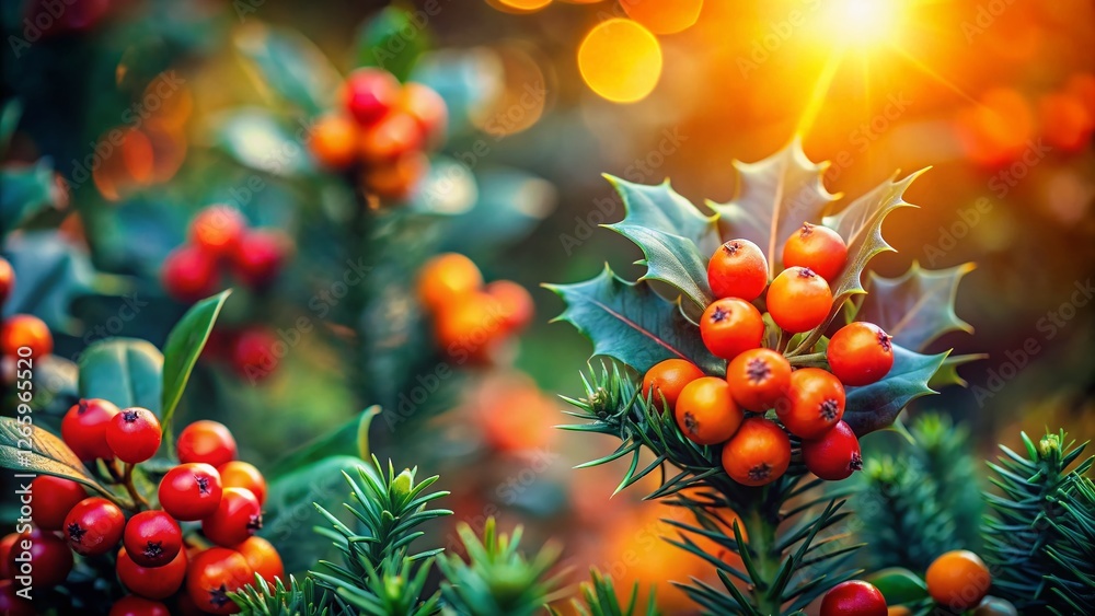 Obraz premium Miniature Winter Wonderland: Holly, Evergreen, and Orange Berries