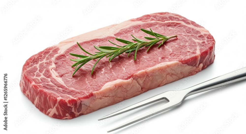 A thick, high-quality raw steak with aromatic rosemary on a minimalist white backdrop. A thick, high-quality raw steak with aromatic rosemary on a minimalist white backdrop.