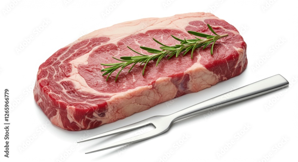 A fresh raw steak with a sprig of rosemary rests on a white background, accompanied by a sleek silver fork. A fresh raw steak with a sprig of rosemary rests on a white background, accompanied by a sleek silver fork.