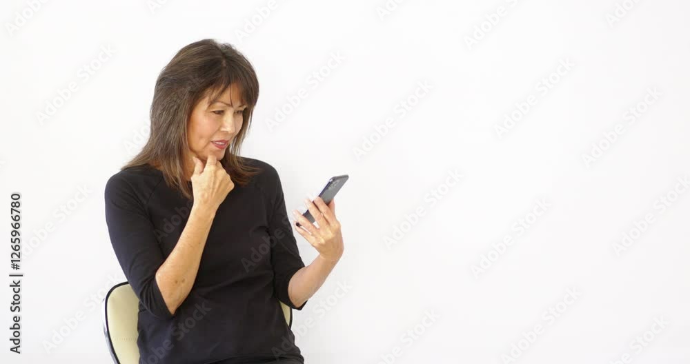 Woman reading smartphone email isolated from white background learning concept copy space Woman reading smartphone email isolated from white background learning concept copy space