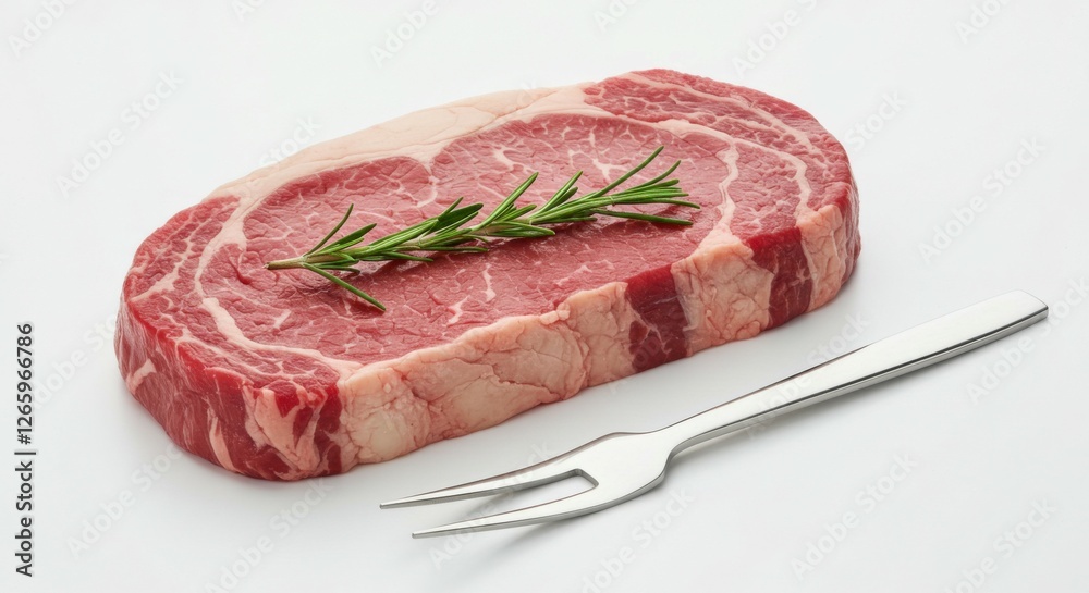 A beautifully marbled raw steak garnished with rosemary, placed on a clean white surface with a fork beside it. A beautifully marbled raw steak garnished with rosemary, placed on a clean white surface with a fork beside it.