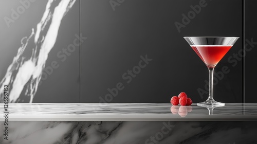 A stylish and minimalist Cosmopolitan cocktail served in a martini glass on a marble bar, featuring a sleek and elegant presentation.
