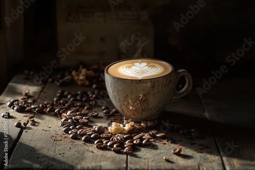 Xícara de cappuccino com latte art detalhada, cercada por grãos de café torrados em uma mesa de madeira rústica, criada com IA generativa para um ambiente acolhedor e artesanal