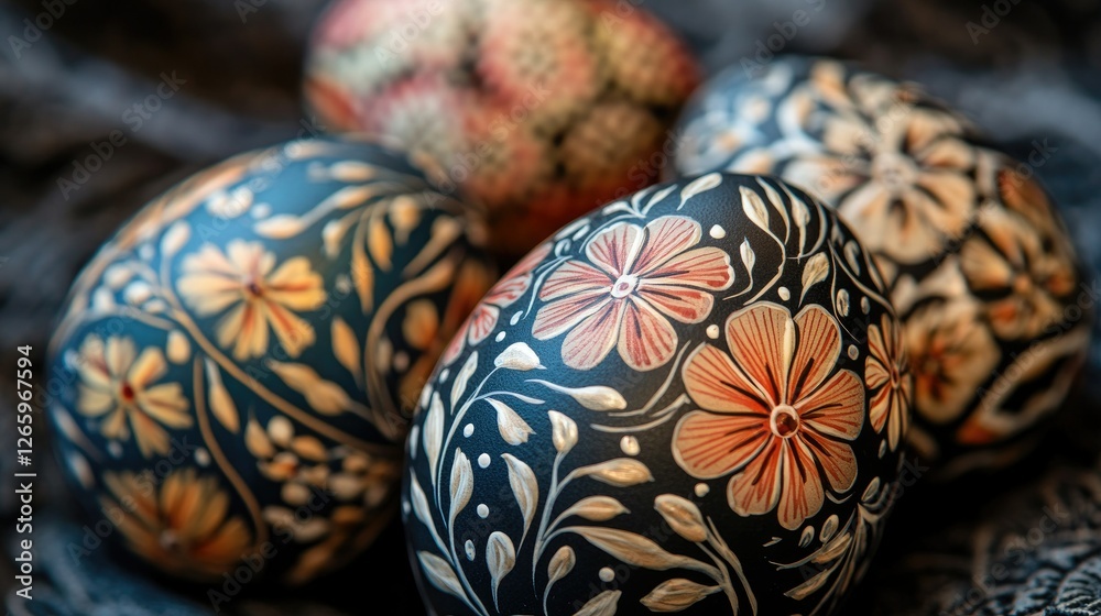Close-up of Easter eggs with floral patterns Close-up of Easter eggs with floral patterns