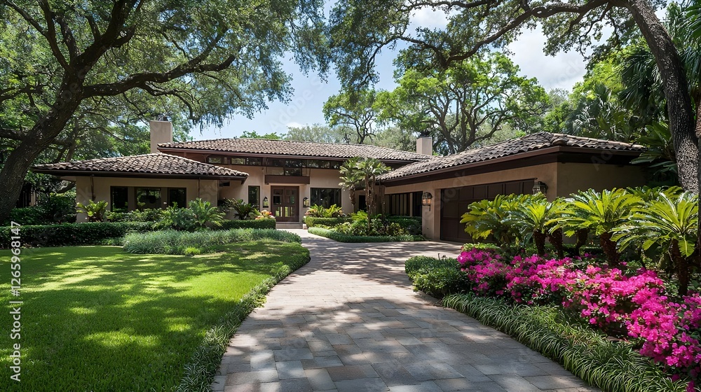 Beige House With Tile Roof And Lush Landscaping Beige House With Tile Roof And Lush Landscaping
