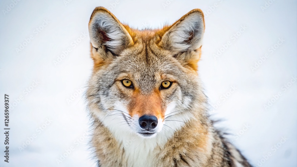 Fototapeta premium Minimalist Close-Up Coyote Portrait: Wild Animal Studio Shot on White Background
