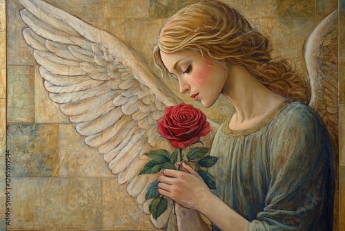 Beautiful angel holding a red rose in a serene and elegant setting