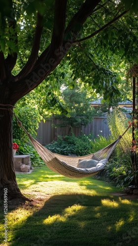 Relaxing in a hammock under a shady tree in a lush garden on a sunny afternoon