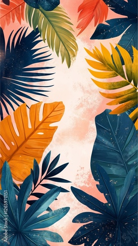 Colorful tropical leaves arranged artistically against a soft background at a...