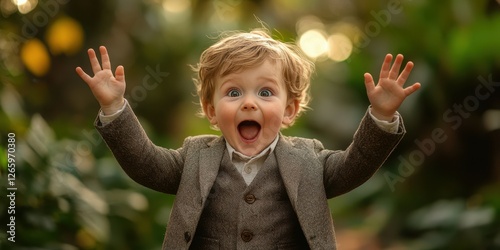 Joyful child celebrating in a lush garden surrounded by greenery during bright daylight photo