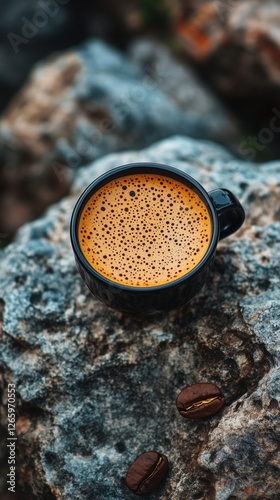Enjoying a warm cup of coffee on rocky terrain during a peaceful outdoor expe...