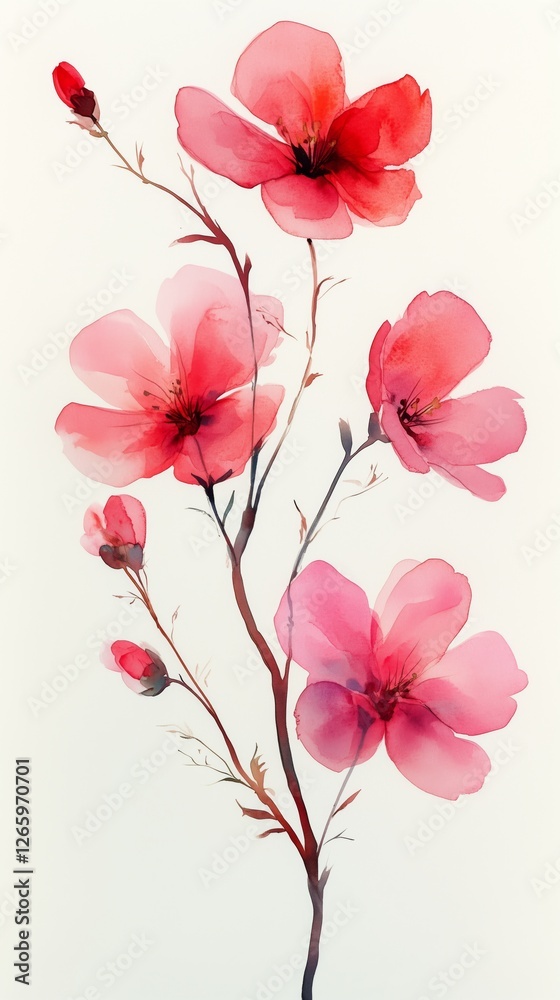 Fototapeta premium Vibrant watercolor painting of pink flowers with delicate petals and green accents