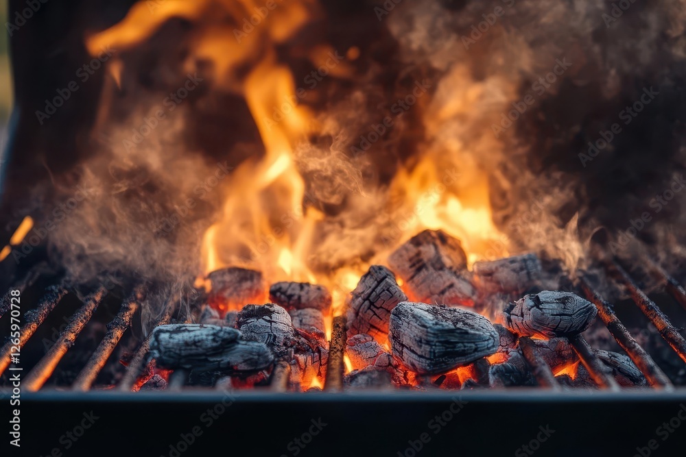Charcoal Grill Smoking with Flames Ready for Summer Feast at Outdoor Gathering Charcoal Grill Smoking with Flames Ready for Summer Feast at Outdoor Gathering