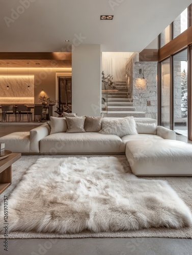 Luxurious living room showcasing a plush rug and modern design