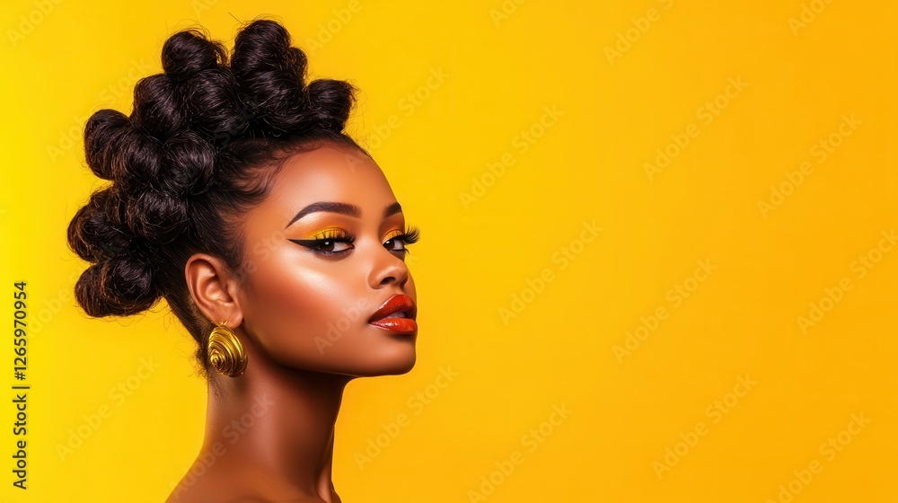 Featuring an elegant model showcasing a unique curled hairstyle and bold earrings, this image captures a high-fashion look with vibrant yellow tones for artistic flair. Featuring an elegant model showcasing a unique curled hairstyle and bold earrings, this image captures a high-fashion look with vibrant yellow tones for artistic flair.
