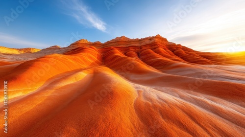 This serene image showcases the beautiful undulating forms of a vibrant orange desert landscape, capturing the essence of nature's artistry at sunset.