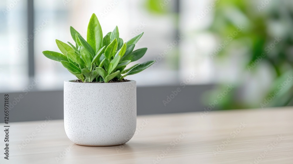 Small plant in a pot on a light wooden table by window Small plant in a pot on a light wooden table by window