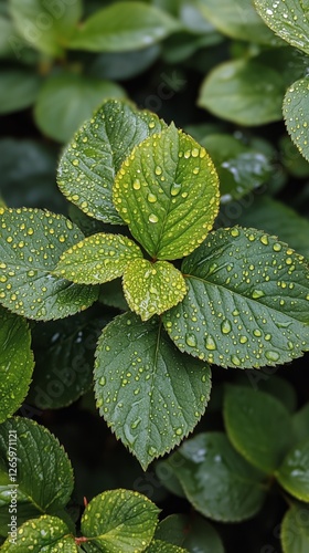 Vibrant green leaves glistening with water droplets after rain in a lush garden