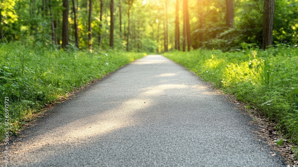 Naklejka premium A scenic nature trail bathed in soft sunlight invites exploration, showcasing the beauty of trees and greenery, perfect for walking and embracing the outdoors.