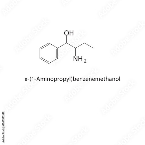 α-(1-Aminopropyl)- benzenemethanol skeletal structure.Aminobenzyl alcohol compound schematic illustration. Simple diagram, chemical formula.