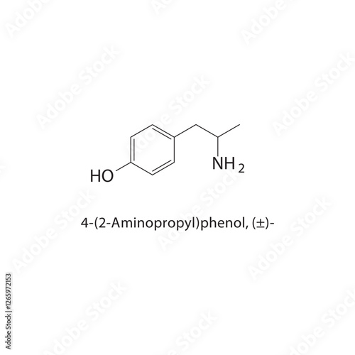 4-(2-Aminopropyl)phenol, (±)- skeletal structure.Phenol derivative compound schematic illustration. Simple diagram, chemical formula.