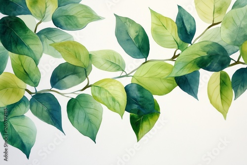 Beautiful watercolor illustration of vibrant green leaves on a light background