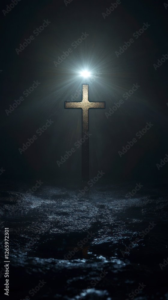 Naklejka premium Cross shining with light from above, illuminating the darkness below. The background is dark and gloomy.