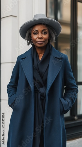 Stylish woman in gray hat and blue coat poses confidently on city street