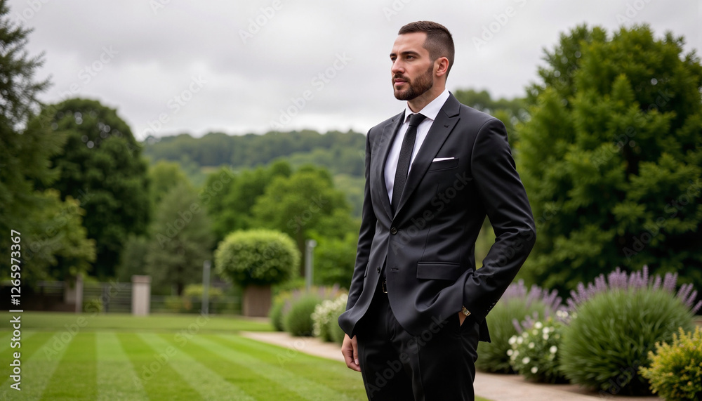 Elegant groom standing confidently in lush garden, timeless romance Elegant groom standing confidently in lush garden, timeless romance
