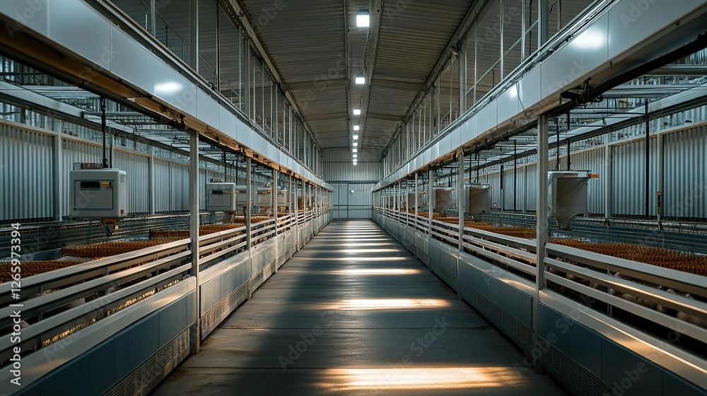 Modern pig farm indoor facility long corridor view Modern pig farm indoor facility long corridor view