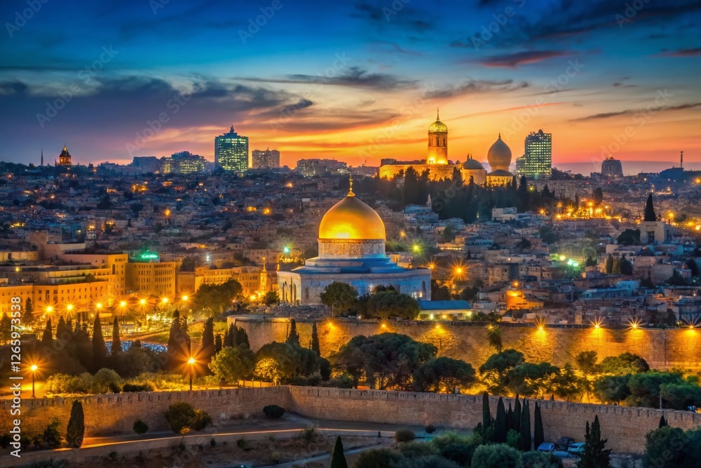 Obraz premium Minimalist Jerusalem Night: Warm Summer Glow, Cityscape Silhouette
