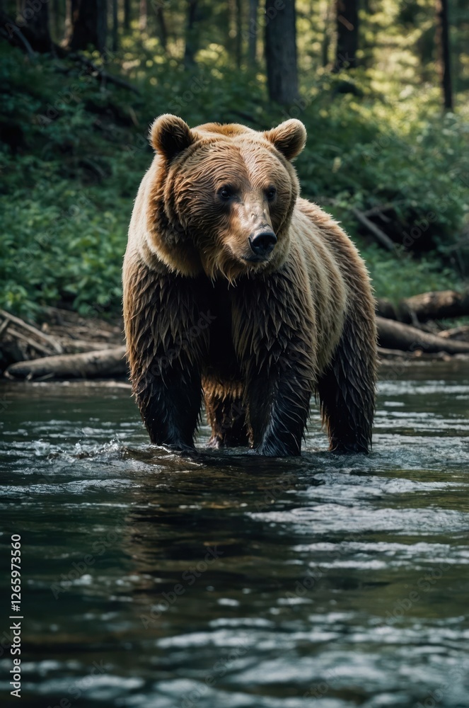 A brown bear standing in a tranquil river, surrounded by lush greenery. A brown bear standing in a tranquil river, surrounded by lush greenery.