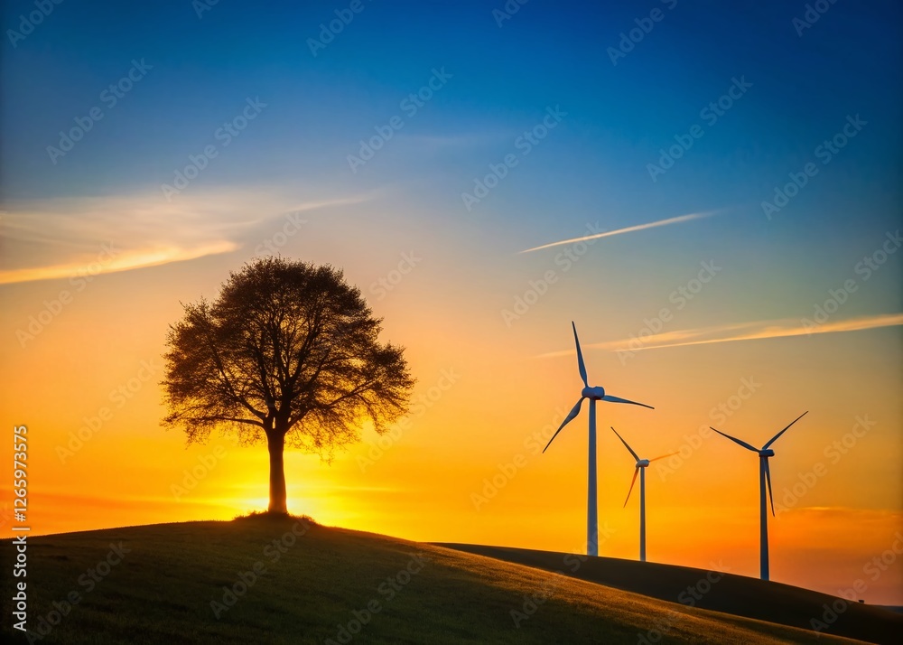Obraz premium Minimalist Landscape: Wind Turbines, Hill, Lone Tree - Clean Energy Stock Photo