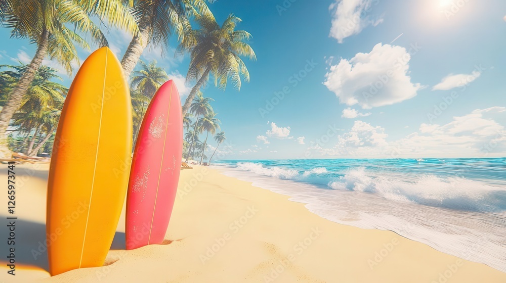 Colorful Surfboards Standing in Tropical Beach Sand with Ocean Waves in Background